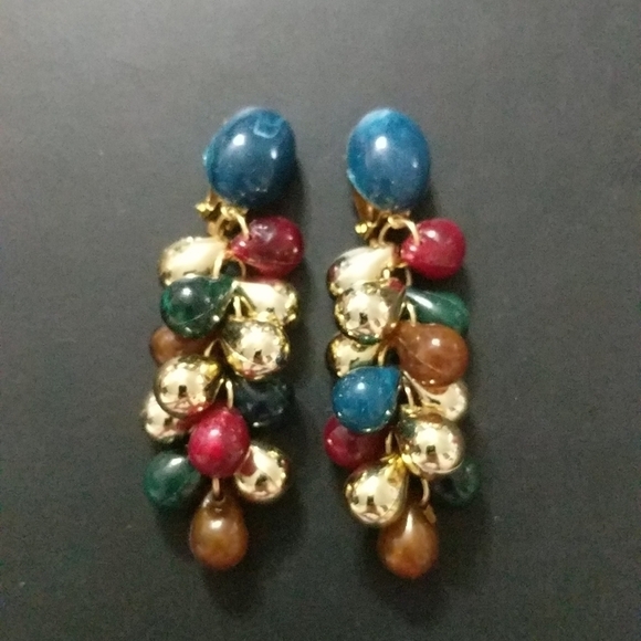 Vintage Gold Tone Multi Color Bauble Clip On Drop Statement Earrings - Picture 1 of 2